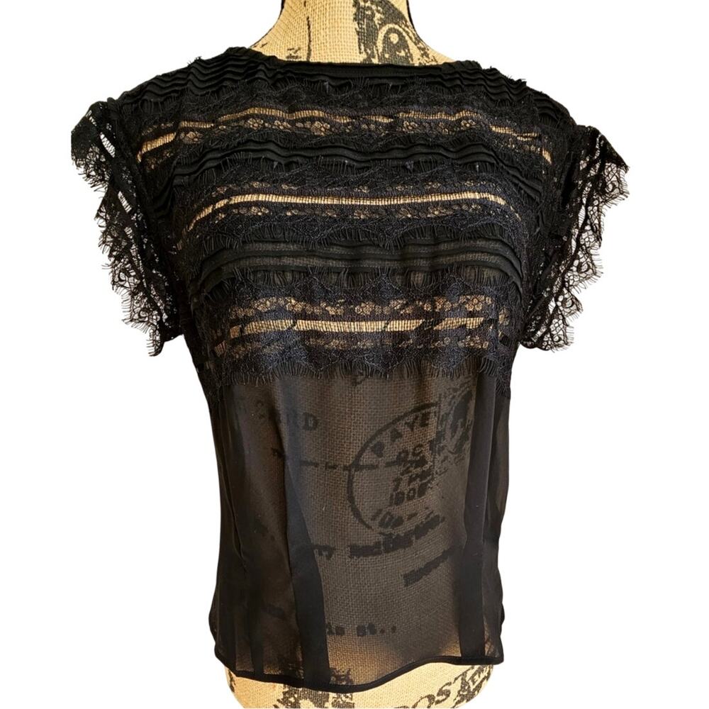 7 For All Mankind Lace Trim Satin Flutter Sleeve Blouse Black, Y2K, NWOT, Sz XS - Picture 2 of 8